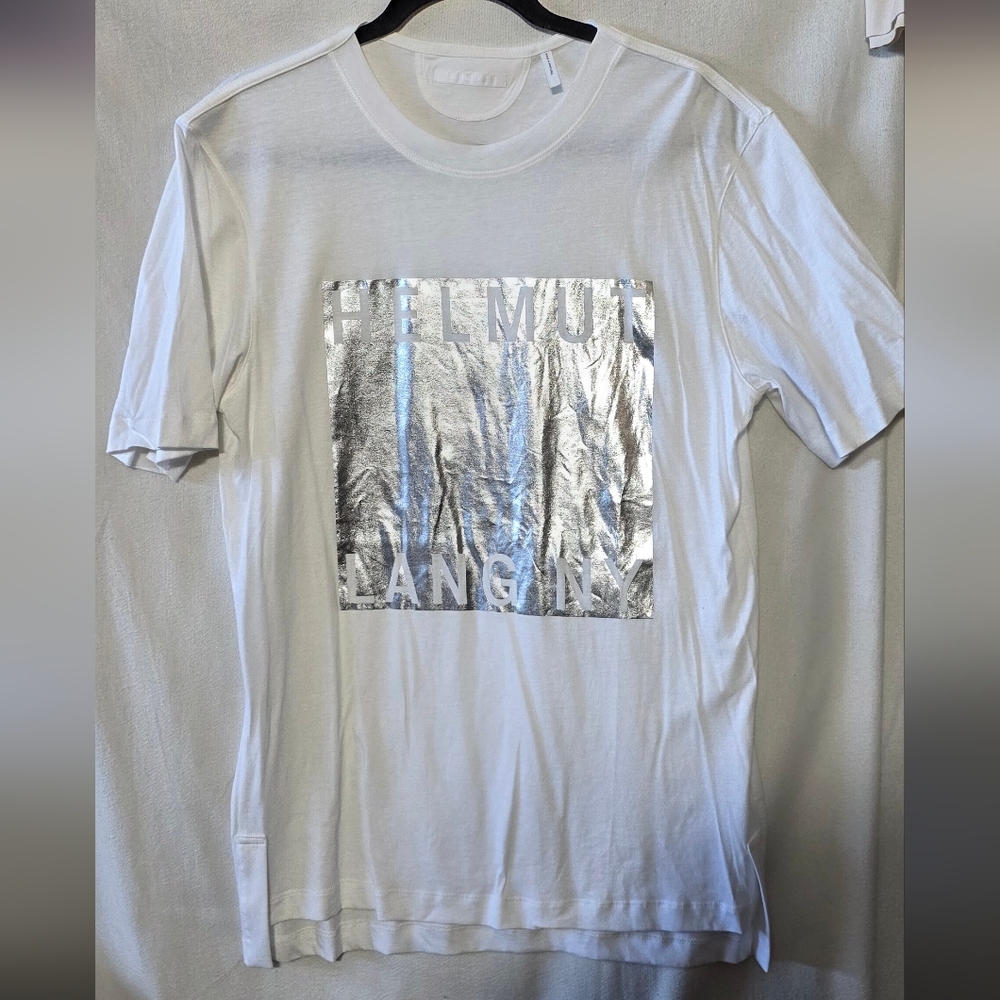 Helmut Lang Men's White T-Shirt With Silver Metallic Patch Size S
